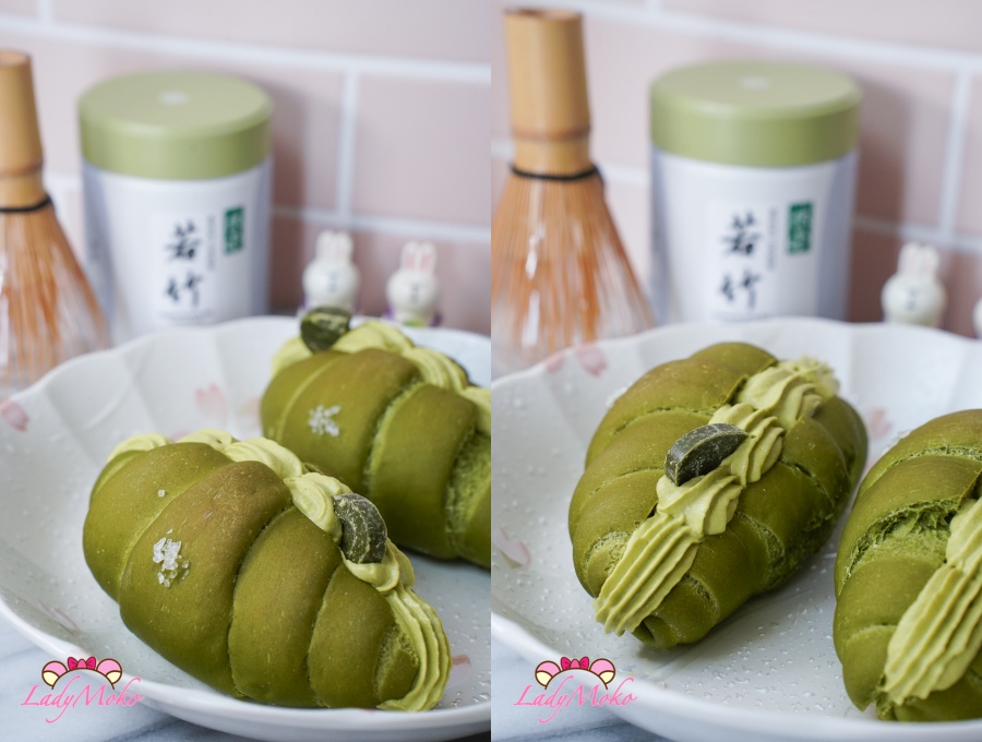 Detailed texture of matcha bread roll crumb with matcha ganache mousse 抹茶麵包內部細節與抹茶甘納許慕斯質地