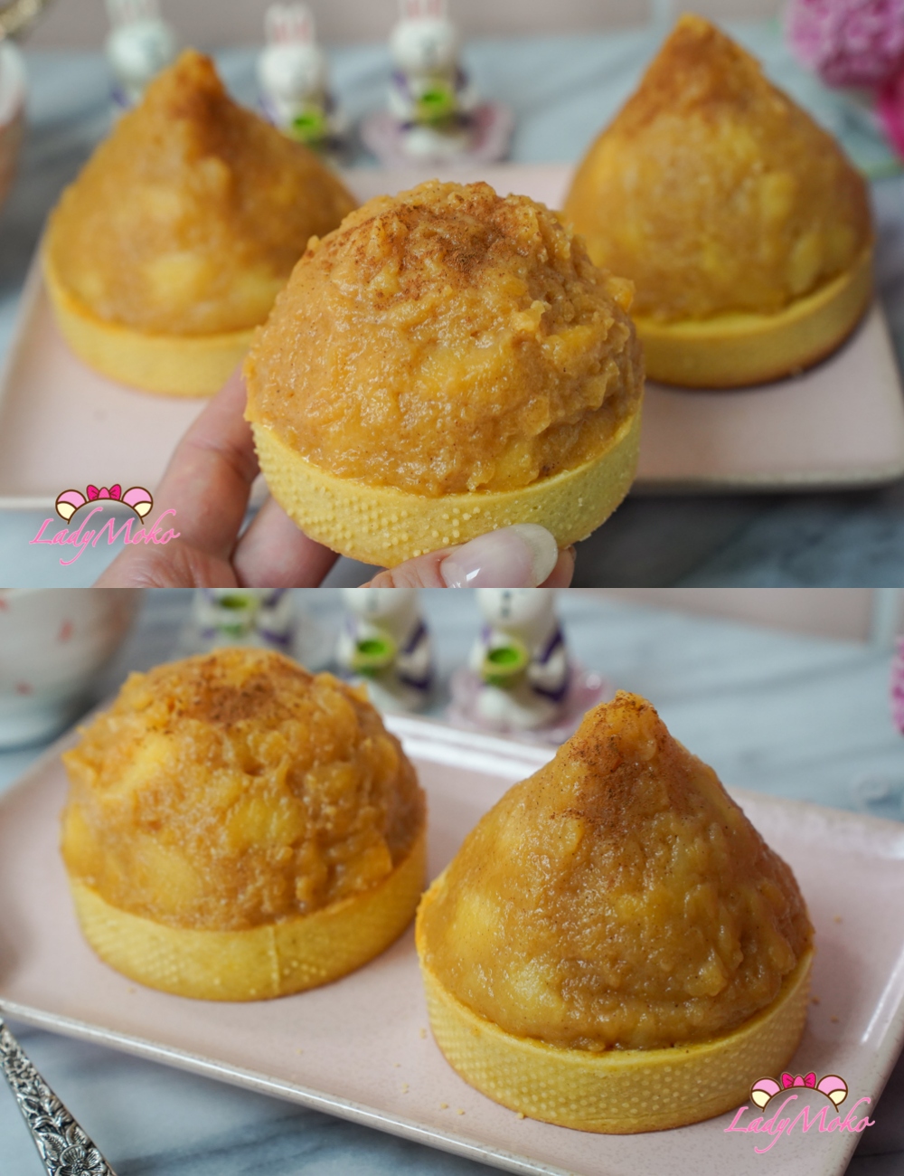 肉桂焦糖蘋果杏仁塔成品外觀，金黃酥脆塔皮搭配焦糖蘋果 Cinnamon caramel apple almond tart finished look with golden crust and caramelized apples