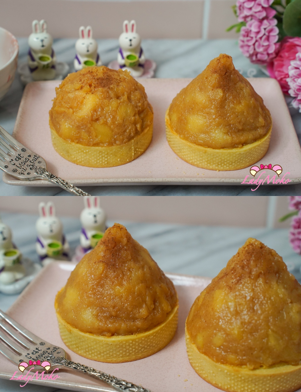 法式杏仁塔鋪滿肉桂焦糖蘋果，表面微微焦糖化光澤 French almond tart topped with cinnamon caramel apples and glossy caramelized surface