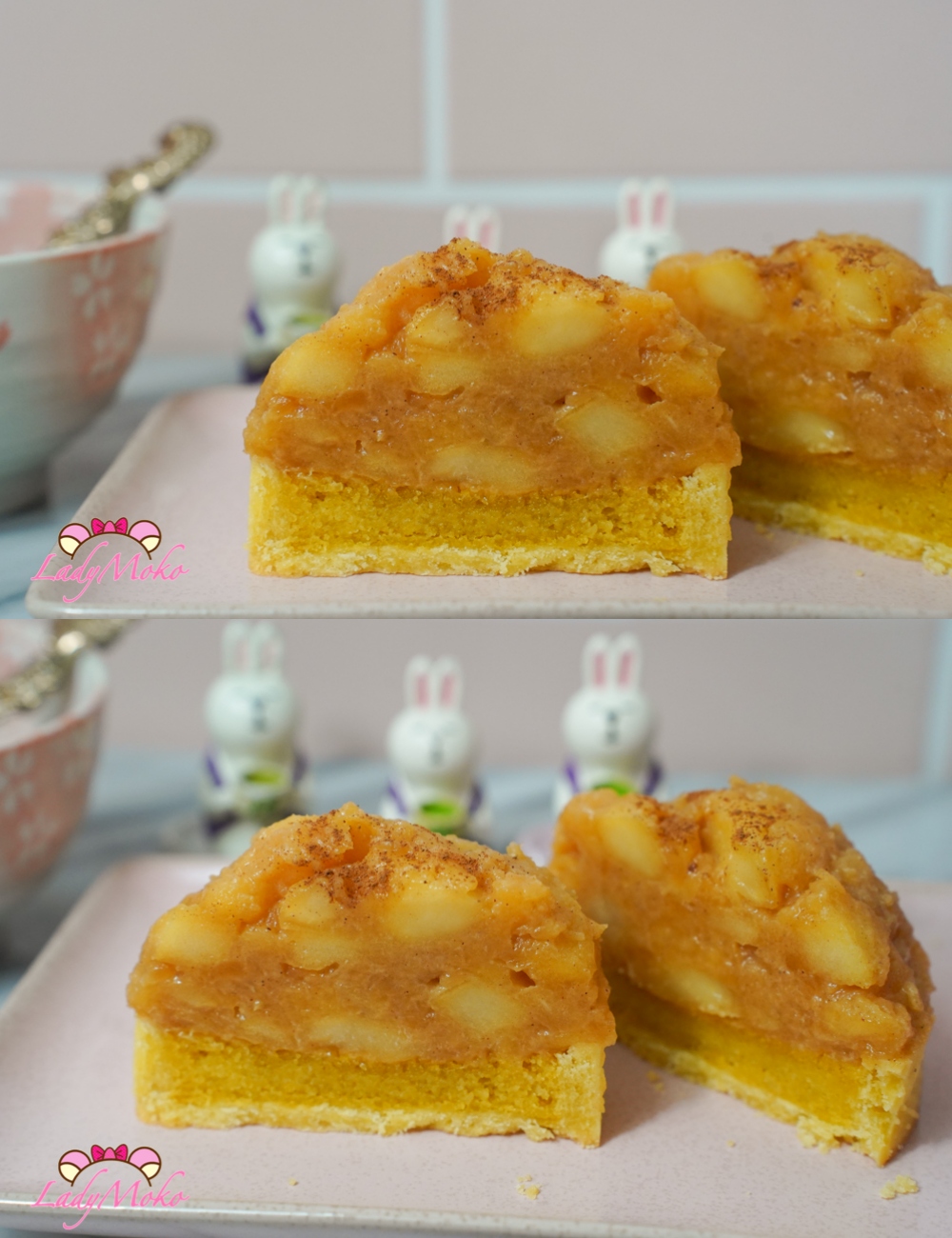 切開的肉桂焦糖蘋果杏仁塔，內層杏仁餡與蘋果層清晰可見 Slice of cinnamon caramel apple almond tart showing almond cream and apple layers