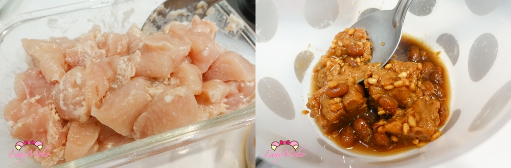 雞肉拌點麵粉，準備豆腐乳和醬油