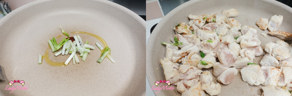 蔥白先下，雞肉炒半熟