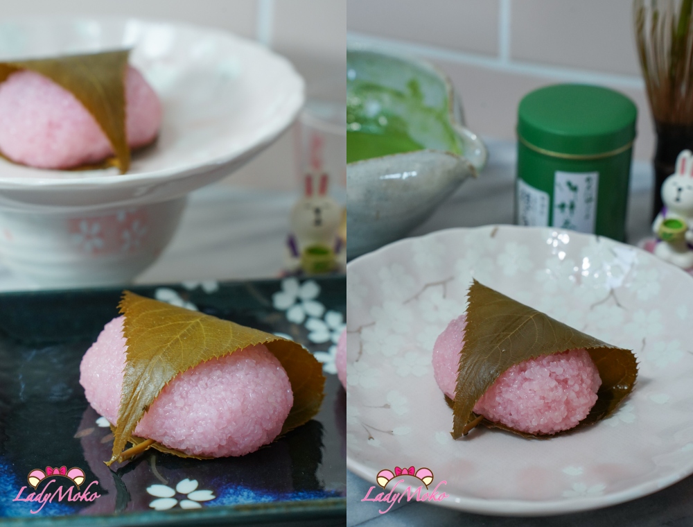 Japanese sakura mochi dessert plated on a ceramic dish with pickled cherry blossom leaf 日式櫻餅擺放在陶瓷盤上搭配鹽漬櫻花葉