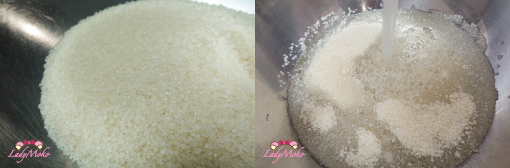 Washing domyoji rice flour in water to prepare sakura mochi dough 道明寺粉加入水清洗準備櫻餅麵糰