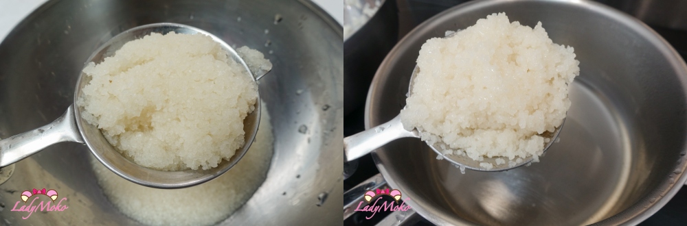sifting extra water from the domyoji 將清洗過的道明寺粉過濾掉多餘的水