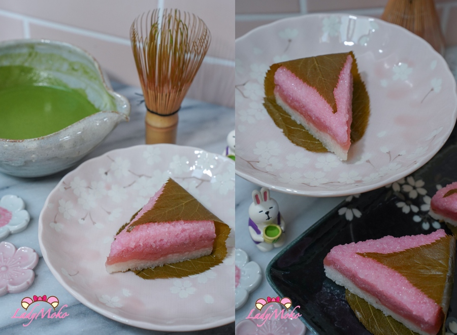 自製櫻花蒸糕成品，日式雙層米糕夾櫻花白豆沙，春天感甜點 Homemade sakura steamed cake with layered domyoji rice and sakura white bean paste, perfect spring dessert
