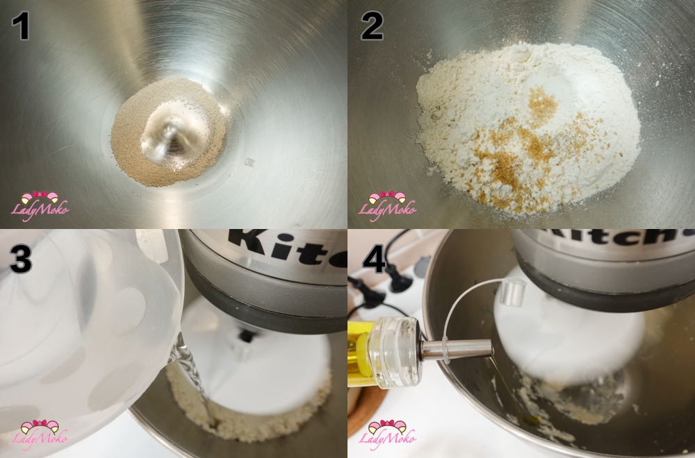 將麵粉、酵母與液體材料攪拌成光滑麵團