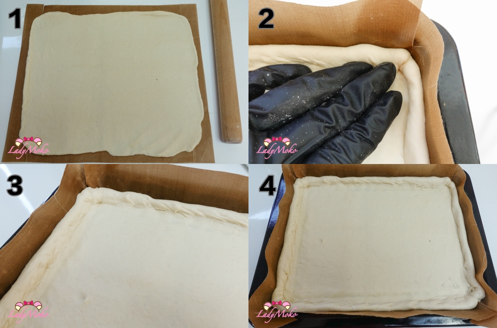 將發酵完成的披薩麵團擀成長方形，準備鋪上配料
