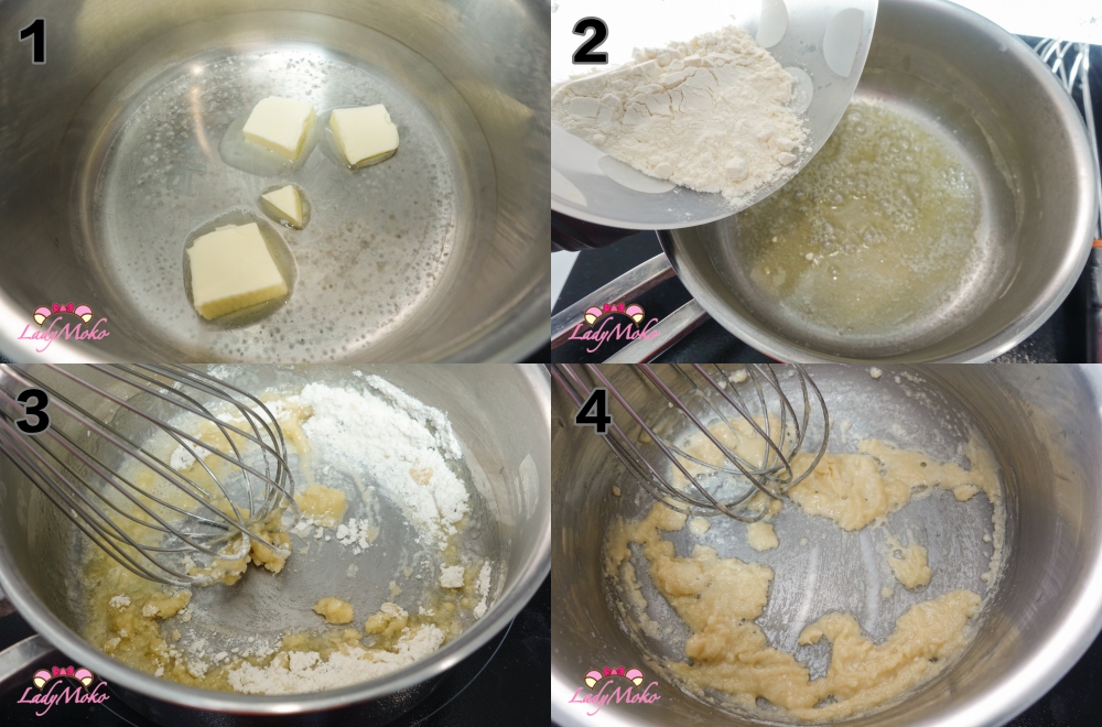 奶油加熱後加入麵粉拌炒，製作濃郁白醬基底