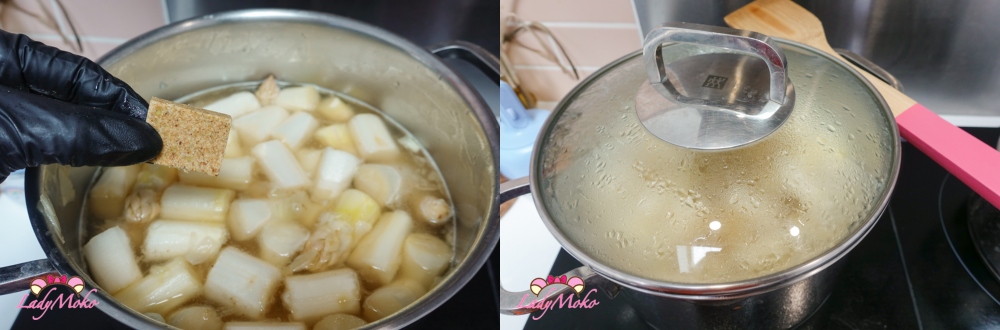 白蘆筍濃湯食譜做法，加入雞湯塊並悶煮