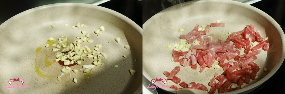 白醬蘆筍培根義大利麵食譜 炒香培根與大蒜
