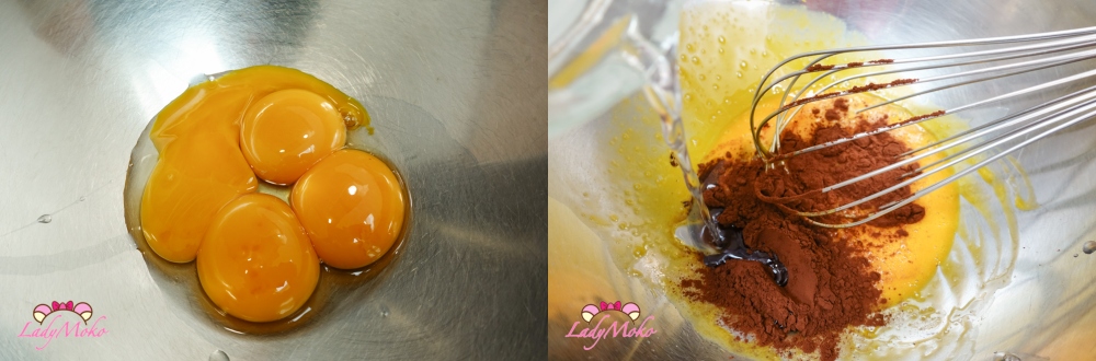 超厚雙內餡戚風巧克力蛋糕捲食譜：蛋黃與可可粉混合