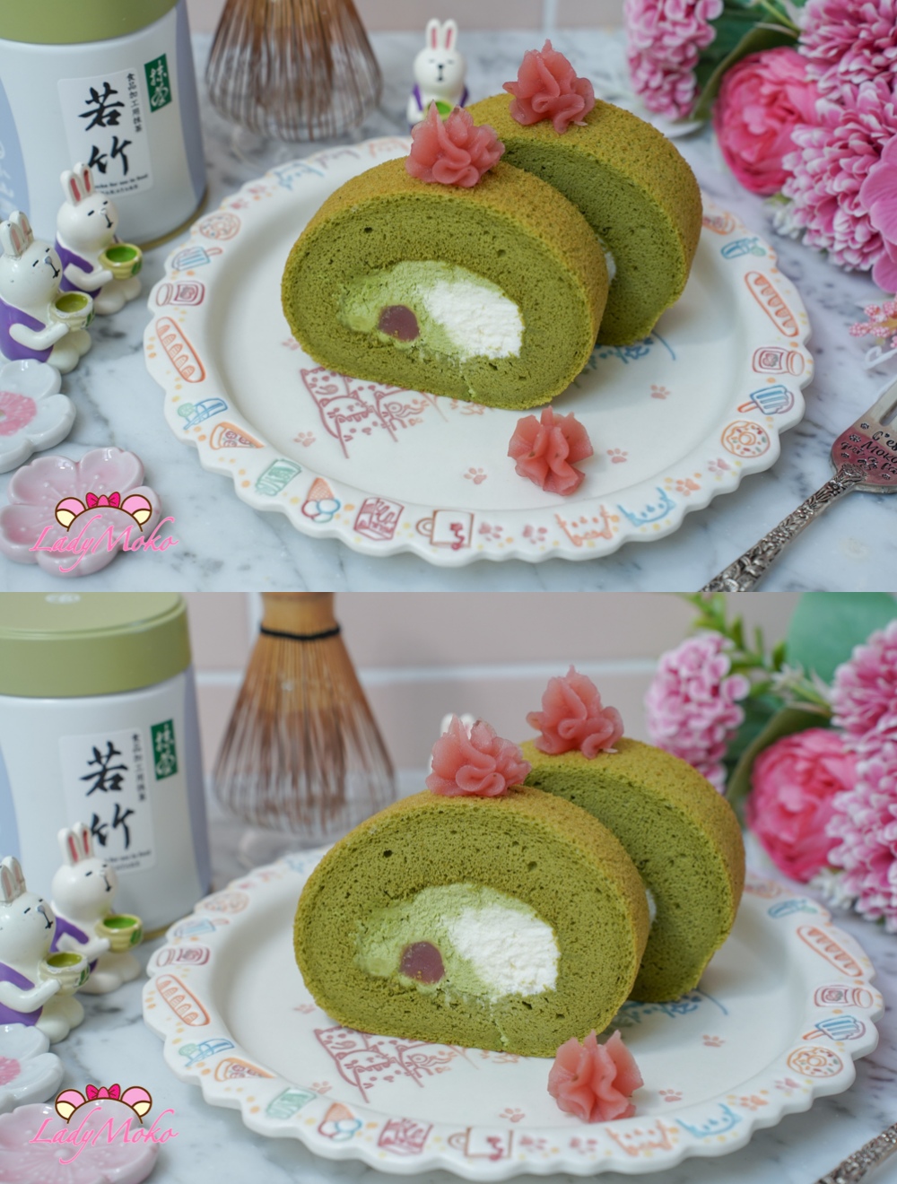 超厚抹茶櫻花雙餡抹茶蛋糕捲食譜 Matcha Sakura Roll Cake Recipe 蛋糕捲切面