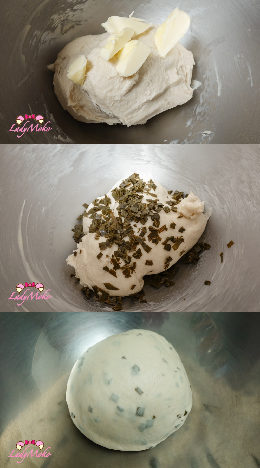 櫻花豆沙吐司食譜 Sakura White Bean Paste Bread Recipe 加入奶油和櫻葉，並攪拌成團