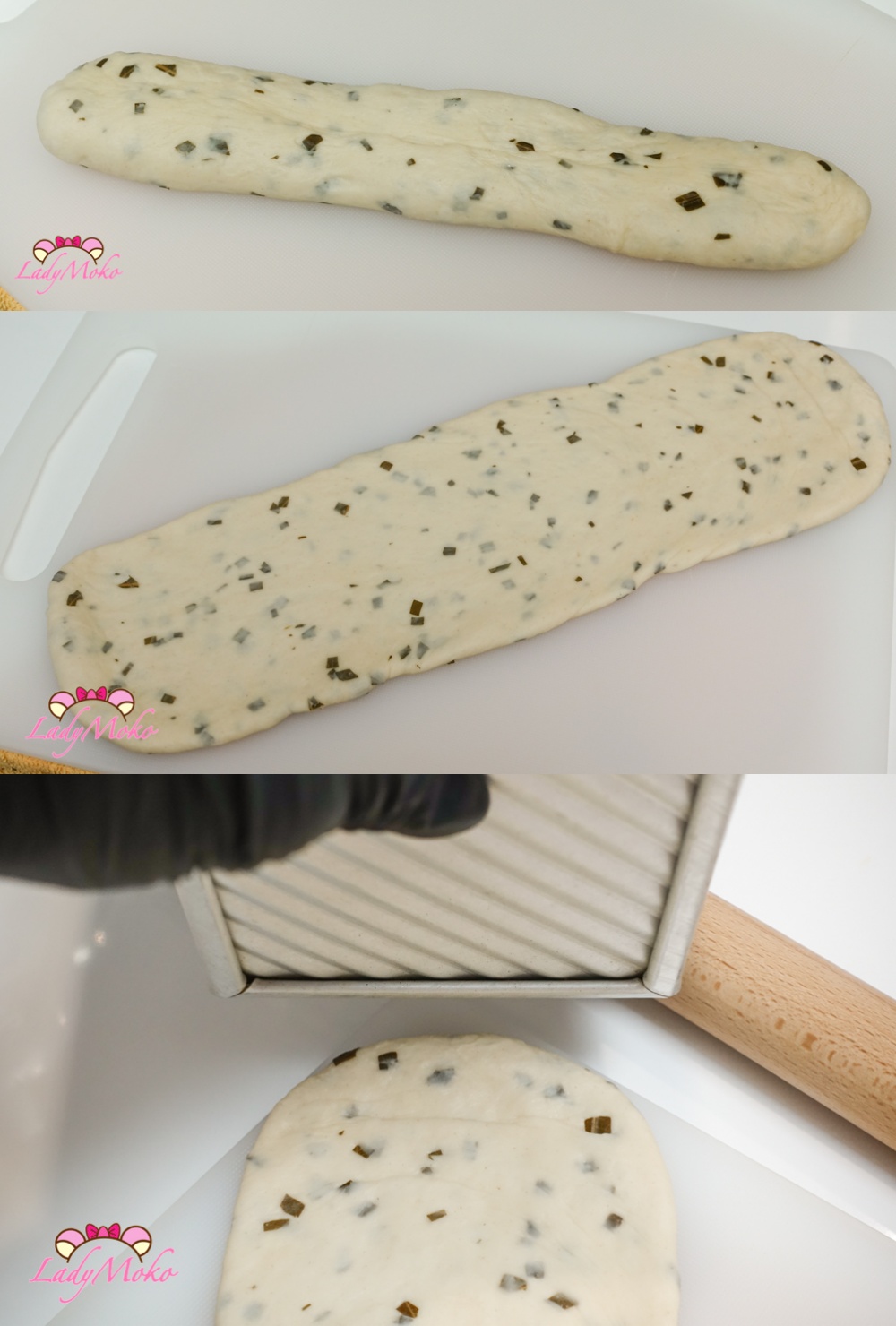 櫻花豆沙吐司食譜 Sakura White Bean Paste Bread Recipe 搓成長條狀並壓扁
