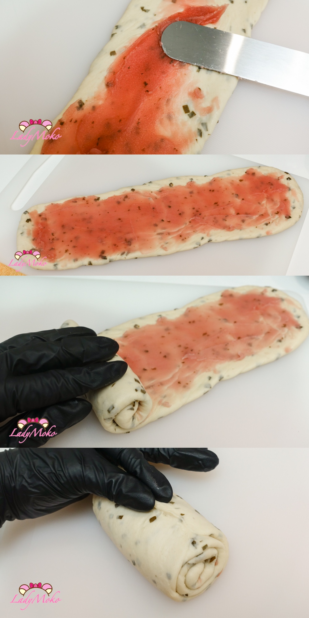 櫻花豆沙吐司食譜 Sakura White Bean Paste Bread Recipe 抹上櫻花豆沙餡並捲起