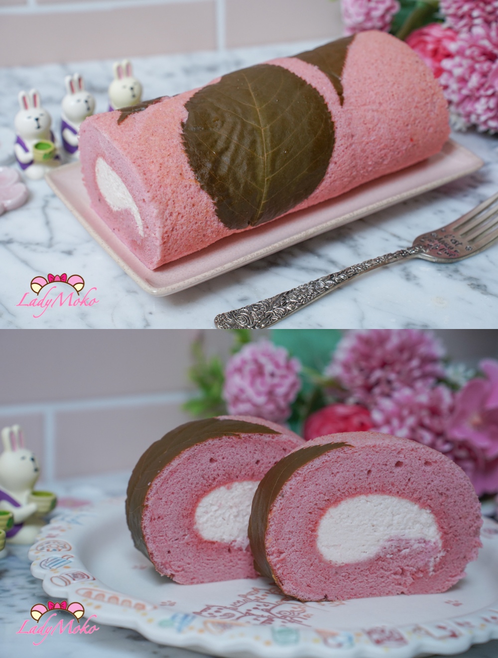 櫻花粉紅蛋糕捲食譜 Sakura Pink Roll Cake Recipe 蛋糕捲切面