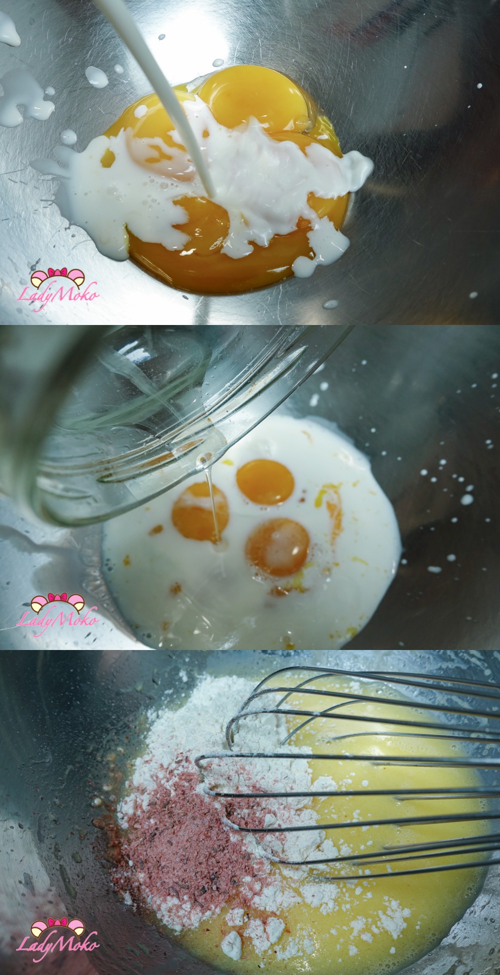 櫻花粉紅蛋糕捲食譜 Sakura Pink Roll Cake Recipe 將液體一起打散，加入過篩粉類
