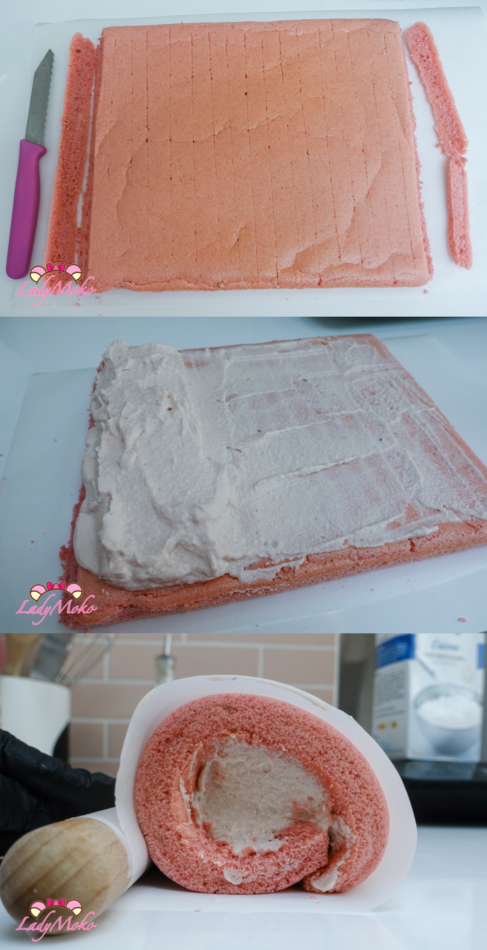 櫻花粉紅蛋糕捲食譜 Sakura Pink Roll Cake Recipe 將鮮奶油鋪在蛋糕體上