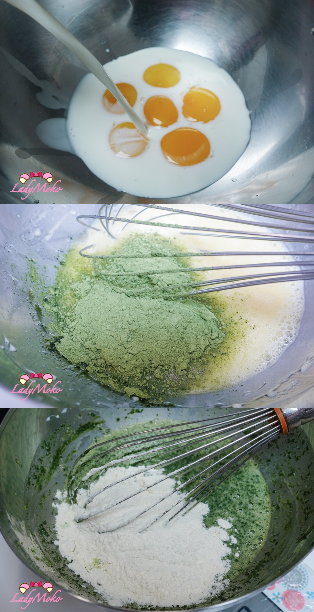 六顆蛋超厚極限抹茶蛋糕捲食譜 Six Egg Extra Thick Extreme Matcha Roll cake Recipe 粉類與液體混合