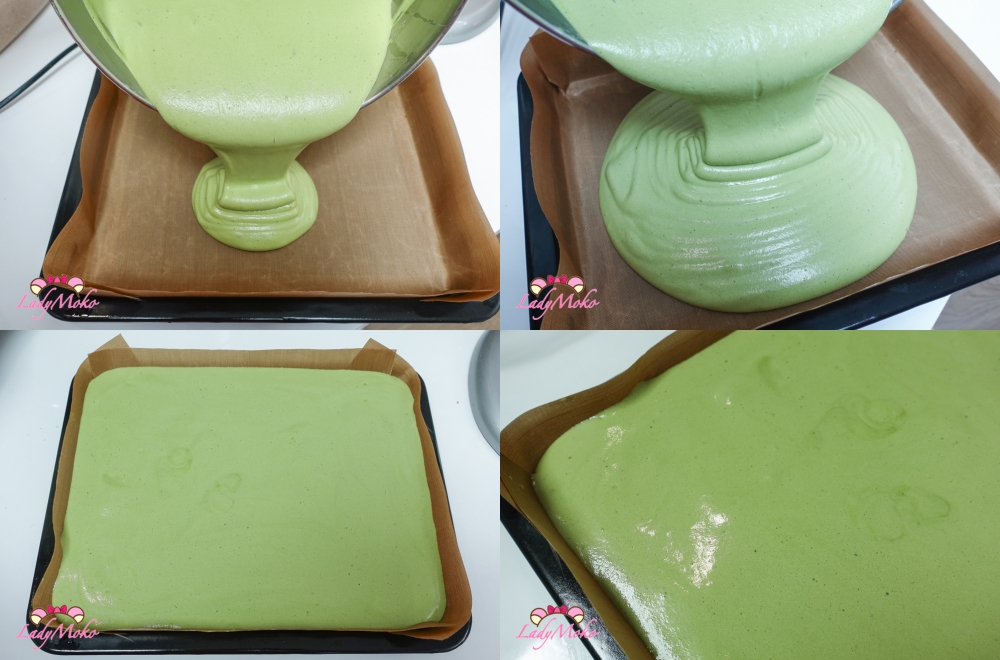 六顆蛋超厚極限抹茶蛋糕捲食譜 Six Egg Extra Thick Extreme Matcha Roll cake Recipe 將麵糊倒入深烤模中