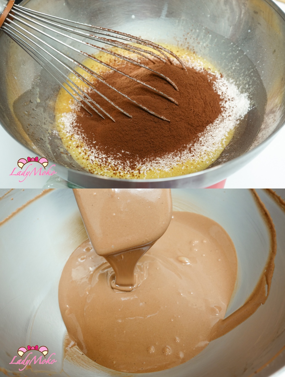 虎皮巧克力蛋糕捲食譜 Tiger Skin Chocolate Cake Roll Recipe 將液體與粉類混合攪拌均勻，做成巧克力蛋黃糊