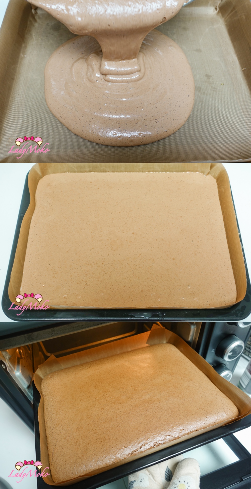 虎皮巧克力蛋糕捲食譜 Tiger Skin Chocolate Cake Roll Recipe 將麵糊倒入深烤模中，烘烤巧克力蛋糕捲