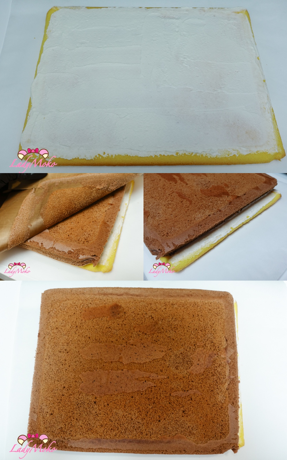 虎皮巧克力蛋糕捲食譜 Tiger Skin Chocolate Cake Roll Recipe 將巧克力蛋糕疊到虎皮上