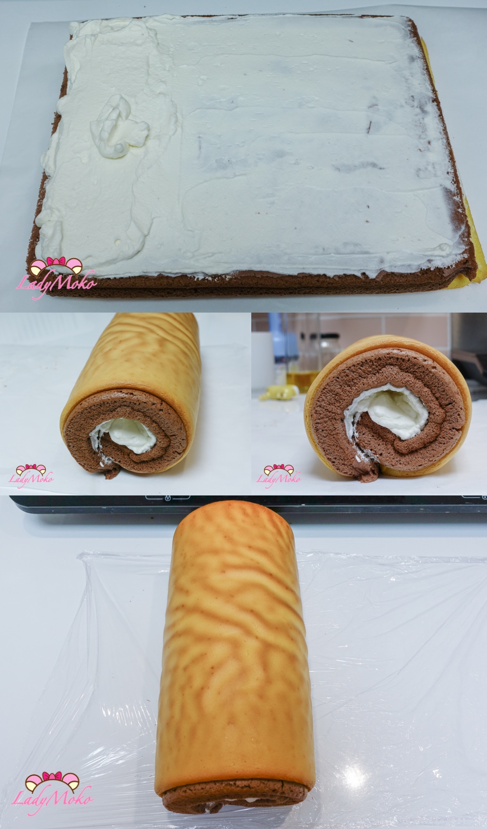 虎皮巧克力蛋糕捲食譜 Tiger Skin Chocolate Cake Roll Recipe 抹上剩下的鮮奶油，將蛋糕捲捲起，冷藏後就完成了