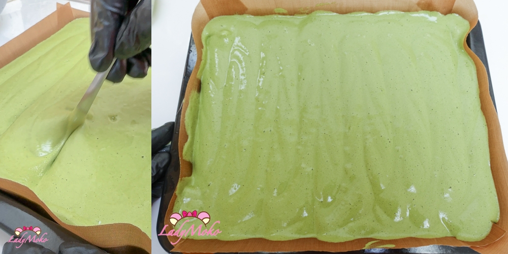 抹茶旋風蛋糕捲食譜 Hurricane Matcha cake roll 將抹茶麵糊擠在原味麵糊上