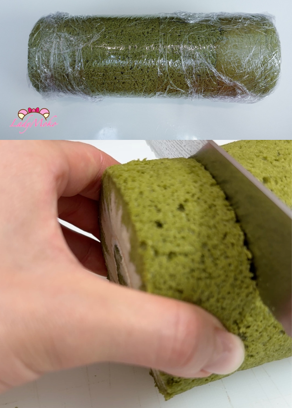抹茶旋風蛋糕捲食譜 Hurricane Matcha cake roll 將蛋糕捲捲起,包起保鮮膜放冰箱冷藏後再切