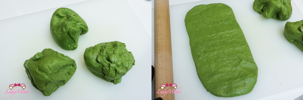 抹茶日本711金吐司食譜 matcha japanese shokupan milk bread recipe 麵糰分六份並擀成長方形 