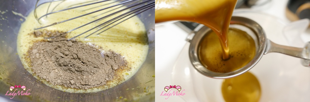 濃焙茶烤布丁食譜 加入焙茶粉攪拌均勻並過篩 Hojicha pudding recipe