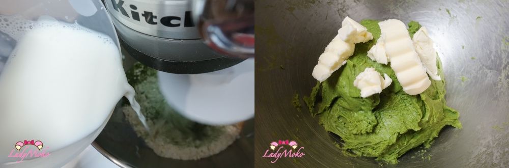 抹茶鹹蛋黃卡士達麵包食譜 慢慢加入牛奶進麵團 Matcha Salted egg yolk Custard bread recipe
