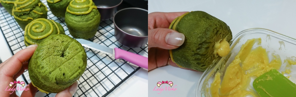 抹茶鹹蛋黃卡士達麵包食譜 灌入卡士達醬 Matcha Salted egg yolk Custard bread recipe