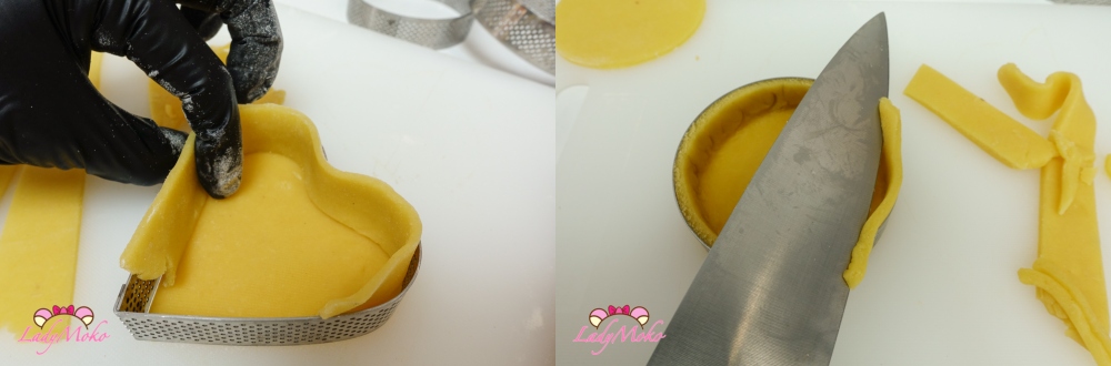 將塔皮鋪入塔模並修整邊緣 Lining tart pan with dough and trimming edges