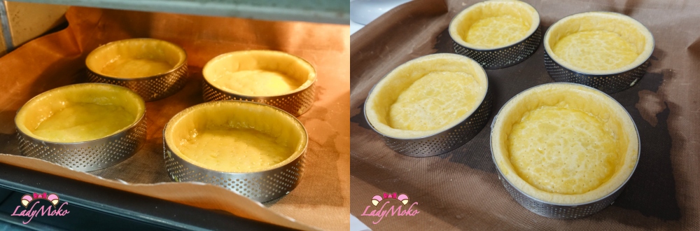 塔皮進烤箱烘烤至金黃色 Baking sweet tart crust until golden brown