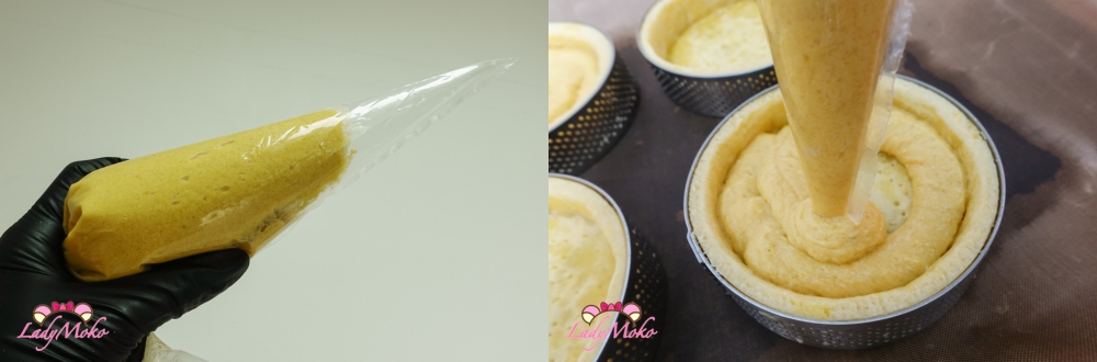 杏仁餡裝入擠花袋，幾入塔皮內