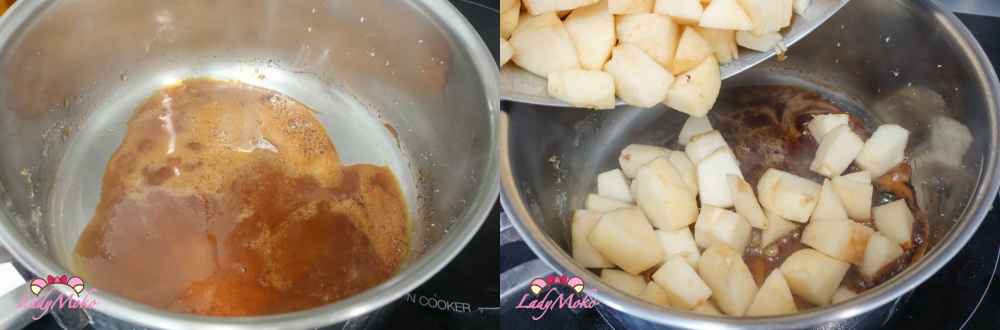 肉桂焦糖蘋果餡食譜煮好的焦糖加入蘋果 Garniture aux pommes caramélisées à la cannelle recipe