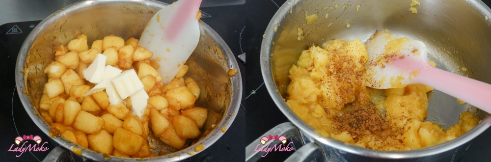 肉桂焦糖蘋果餡食譜加入奶油並攪拌均勻 Garniture aux pommes caramélisées à la cannelle recipe