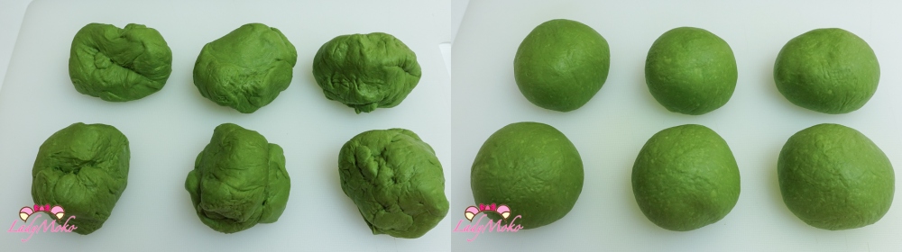Matcha dough portioned into pieces for shaping bread rolls 抹茶麵糰分割成小份準備整形