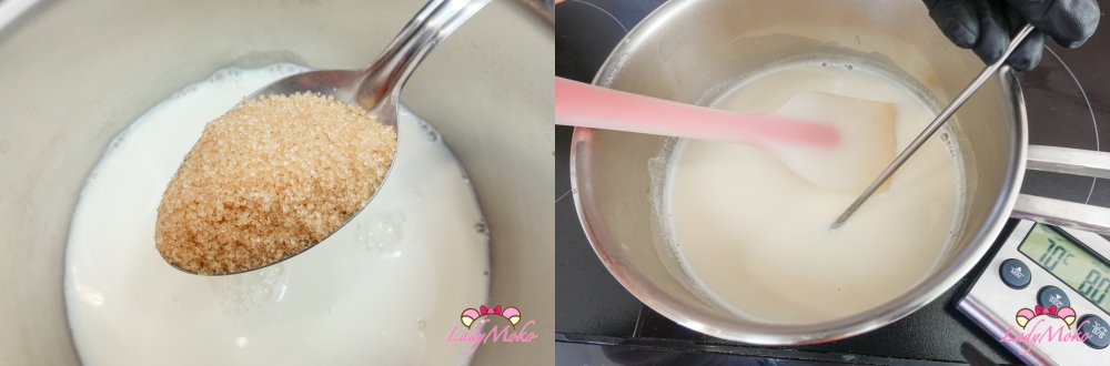 牛奶加入砂糖，加熱至砂糖完全融化 Add sugar into milk and heat it until sugar is well-melted
