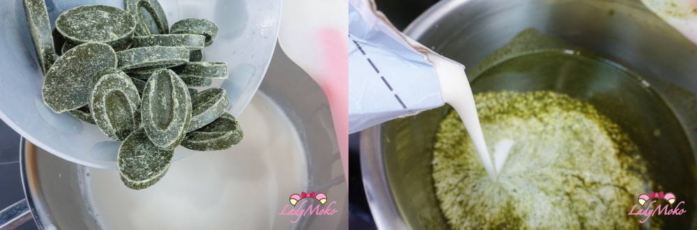 加入抹茶巧克力加熱融化，與鮮奶油混合成抹茶巧克力布丁液 Melting matcha chocolate and combining with heavy cream to create matcha chocolate pudding mixture