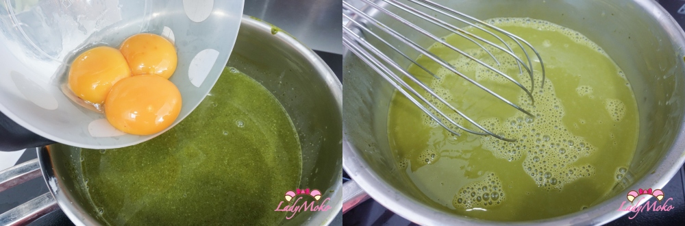 將抹茶巧克力液慢慢倒入蛋液中拌勻，形成細緻布丁液 Gradually pouring matcha chocolate mixture into egg mixture to form smooth custard