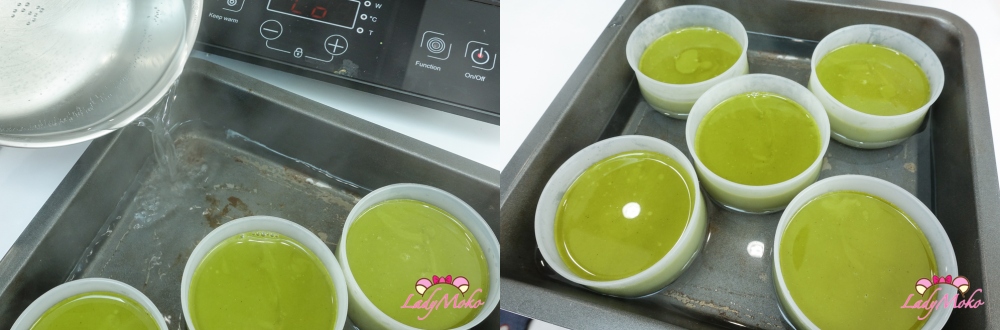 放入烤箱以隔水加熱方式烘烤，製作法式烤布丁 Baking the custard in a water bath to make French-style baked pudding