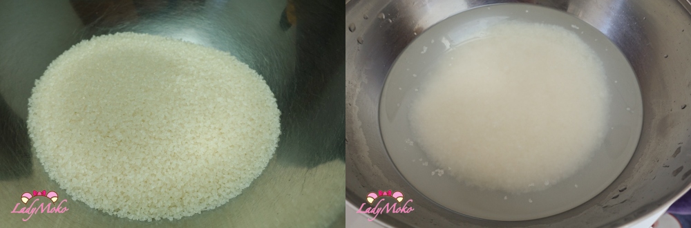 Washing domyoji rice flour in water to prepare sakura mochi dough 道明寺粉加入水清洗準備櫻餅麵糰
