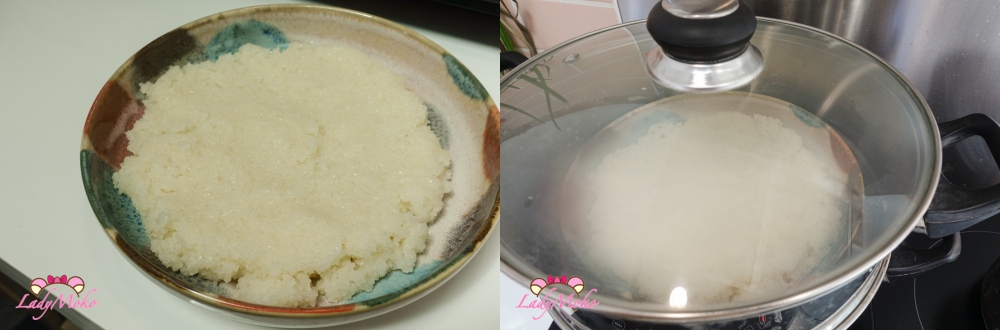 Steaming the domyoji mixture until soft and translucent texture forms 將道明寺糯米糰蒸至軟呈現半透明