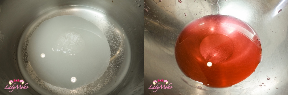 heating water and sugar and optional pink coloring 水與砂糖煮沸後加入粉紅色素