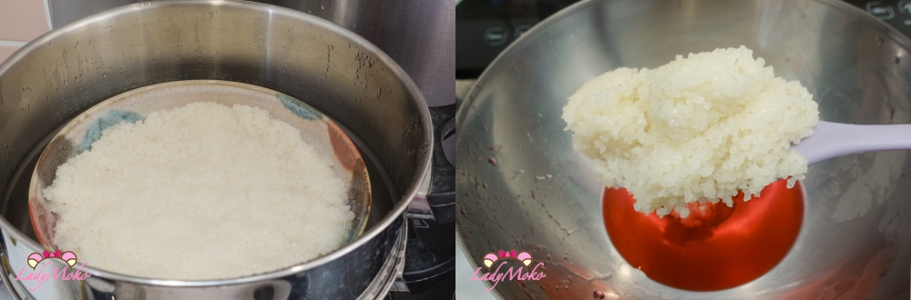 Mixing pink sirop into the cooked mochi dough 將粉紅糖水與道明寺粉拌勻