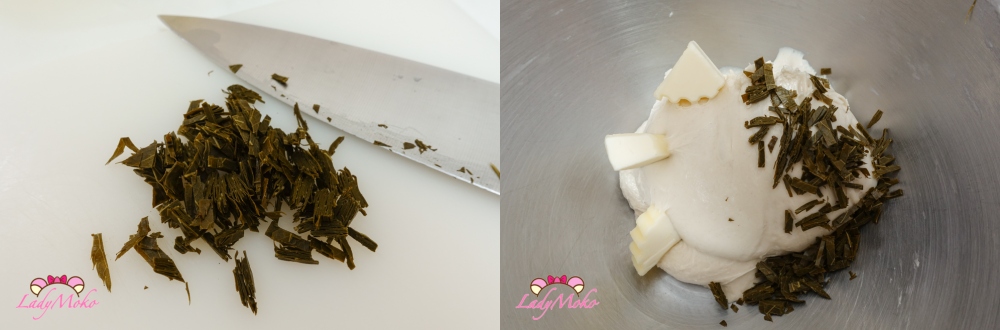 加入奶油與櫻葉 使用攪拌機打麵糰至光滑出膜 Adding butter and sakura leaves kneading dough until smooth and elastic